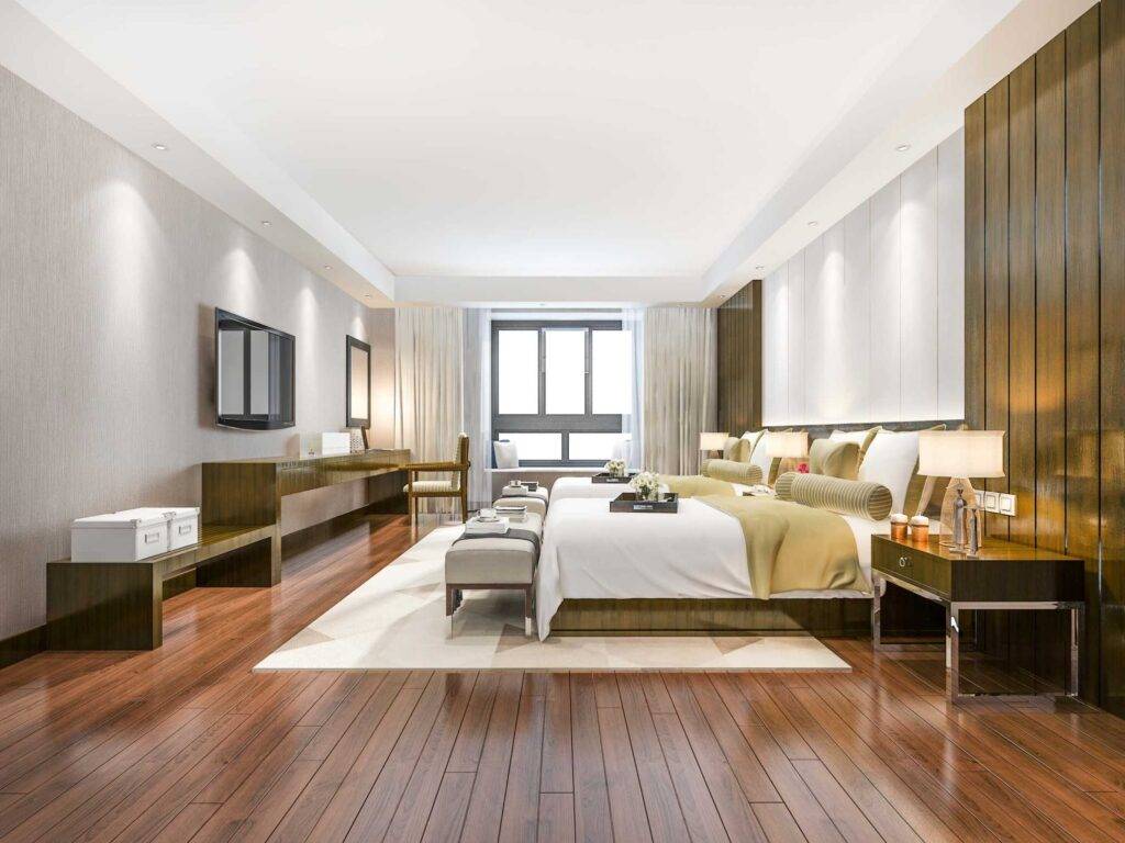 luxury tropical bedroom suite resort twin bed RealRender3D