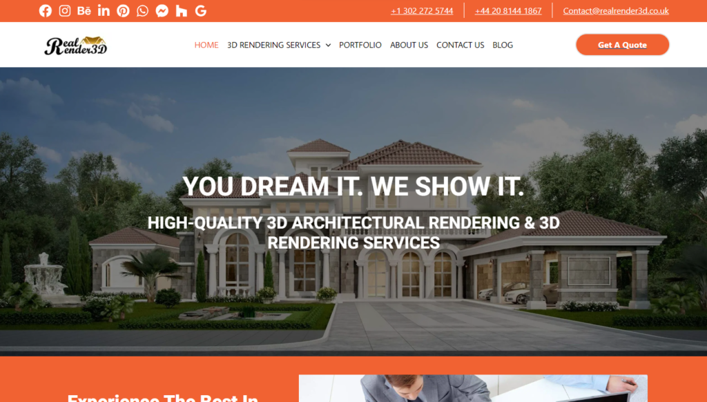 landing page of realrender3d