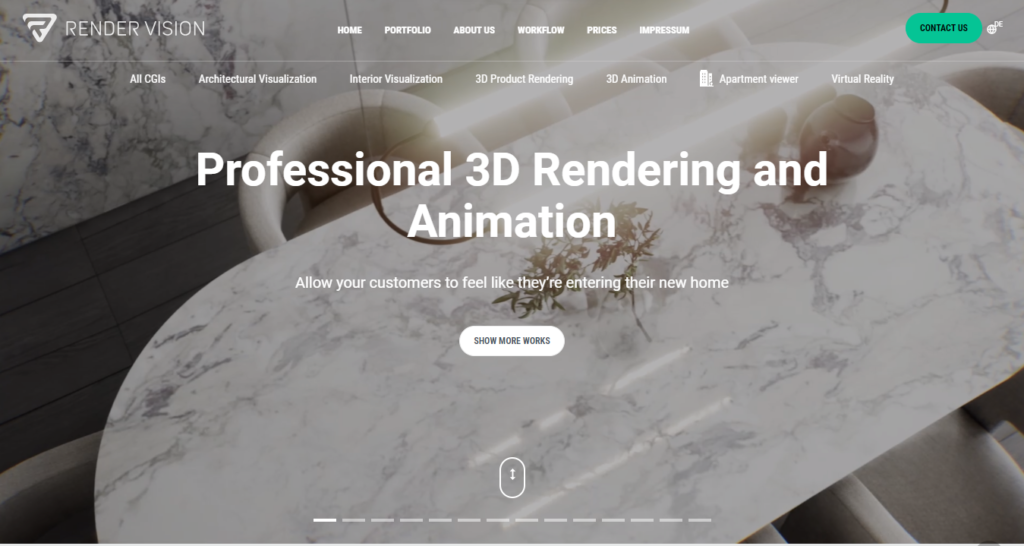 landing page of render vision