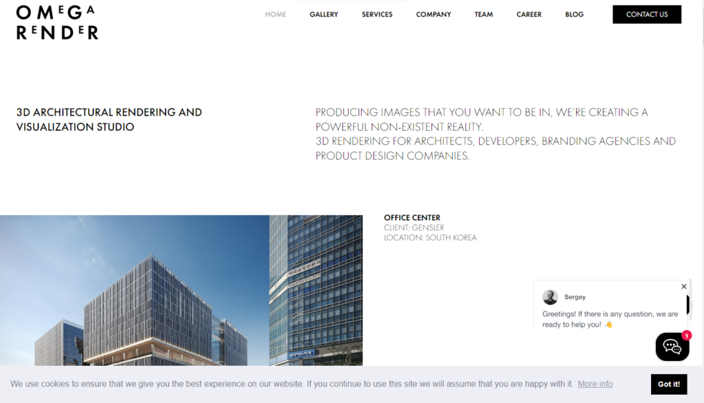 landing page of omega render