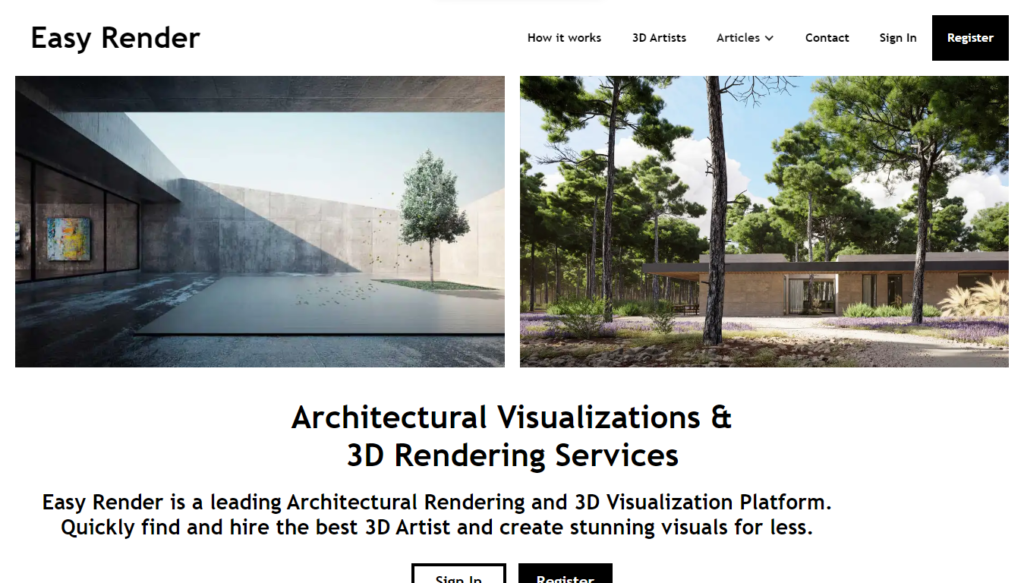 landing page of easy render