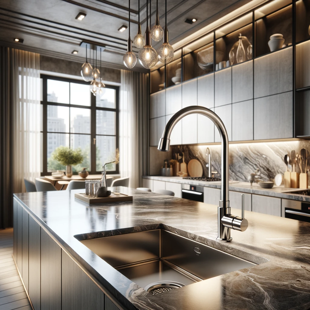A beautifully designed kitchen highlighting the CREA Pull Out Kitchen Sink Faucet. The faucet features a modern and minimalist design with a sleek chr