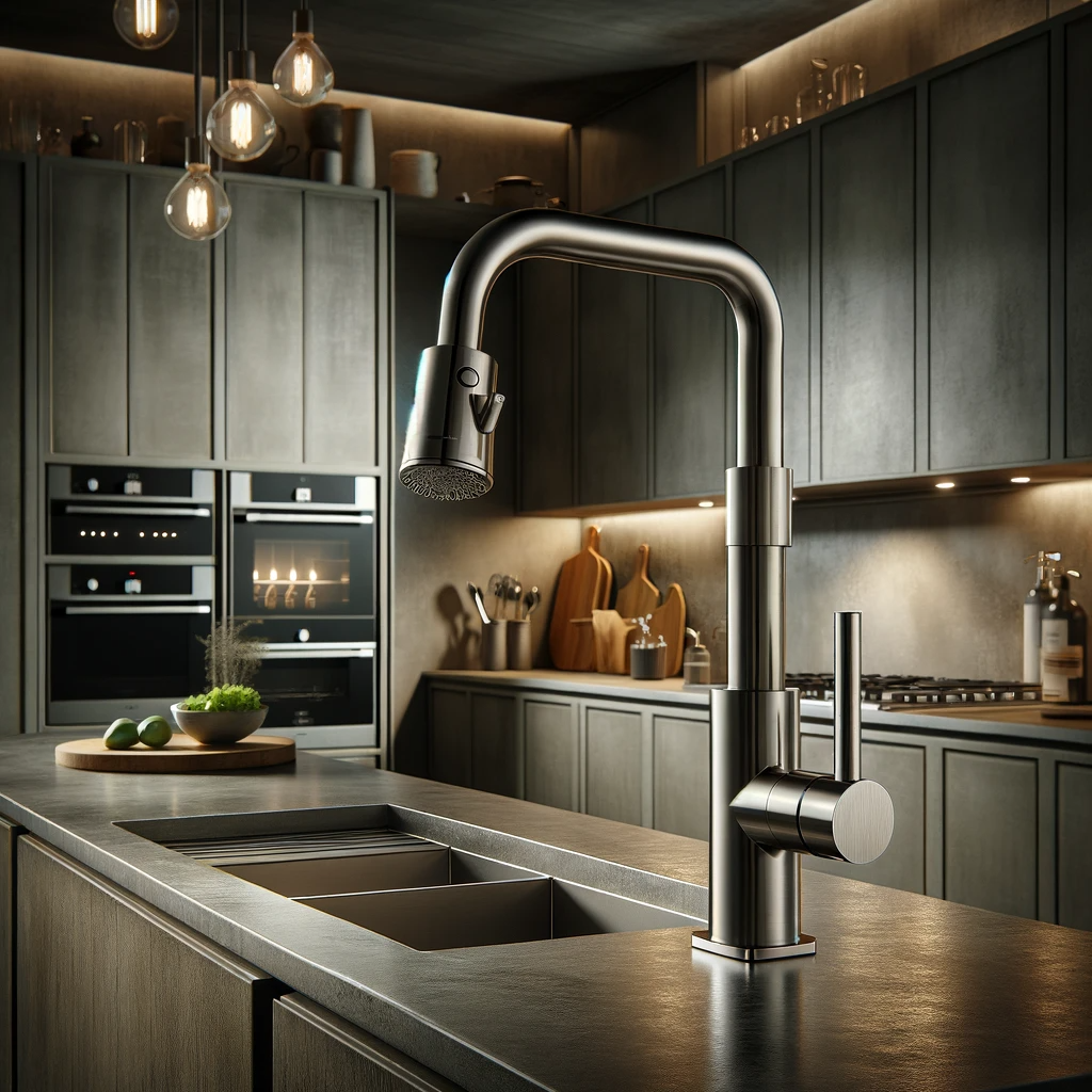 A contemporary kitchen featuring the Kraus KPF 1610SS Bolden Single Handle Kitchen Faucet. The faucet has a sleek stainless steel finish offering a