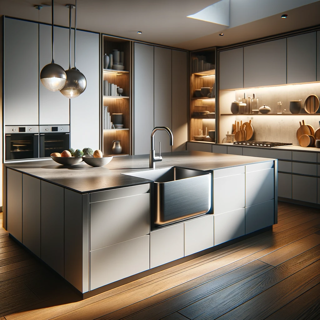 A contemporary kitchen interior highlighting the Robiq 500 10 Sink. This sink features a modern undermount design with a stainless steel finish prov
