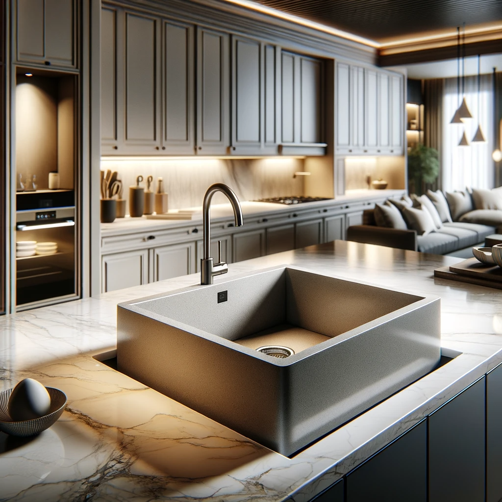 A luxurious kitchen interior showcasing the Aoraki 550 10 Quartz Sink. The sink has an elegant and modern design with a smooth quartz finish in a neu
