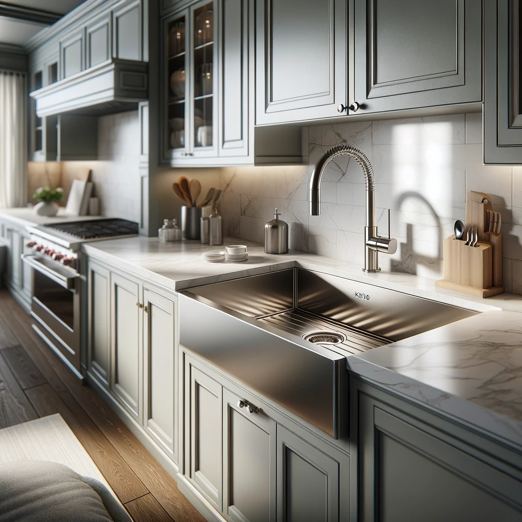 A modern kitchen setting featuring the Ashford 535 10 sink. This sink exhibits a sleek and minimalist design with a refined stainless steel finish g