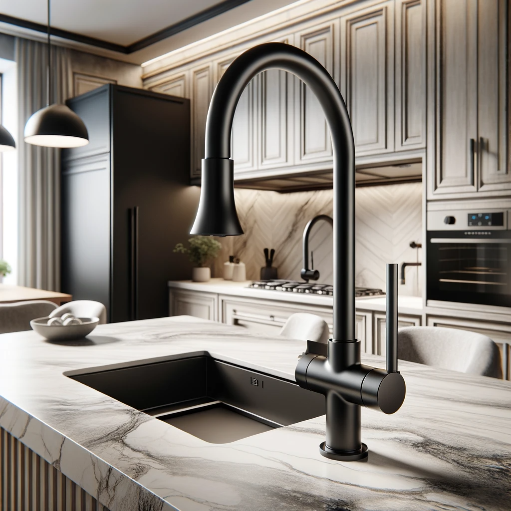 A modern stylish kitchen showcasing the Pfister LG534 LPMB Arkitek Kitchen Faucet. This faucet features a unique and sleek design with a matte black