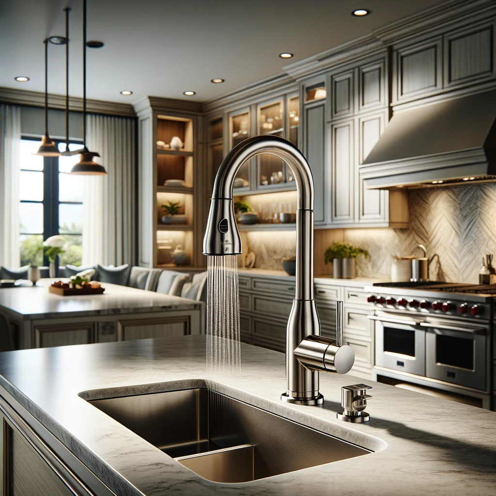 A sleek and modern kitchen featuring the American Standard Colony Pulldown Kitchen Faucet. The faucet has a stylish and functional design with a stain