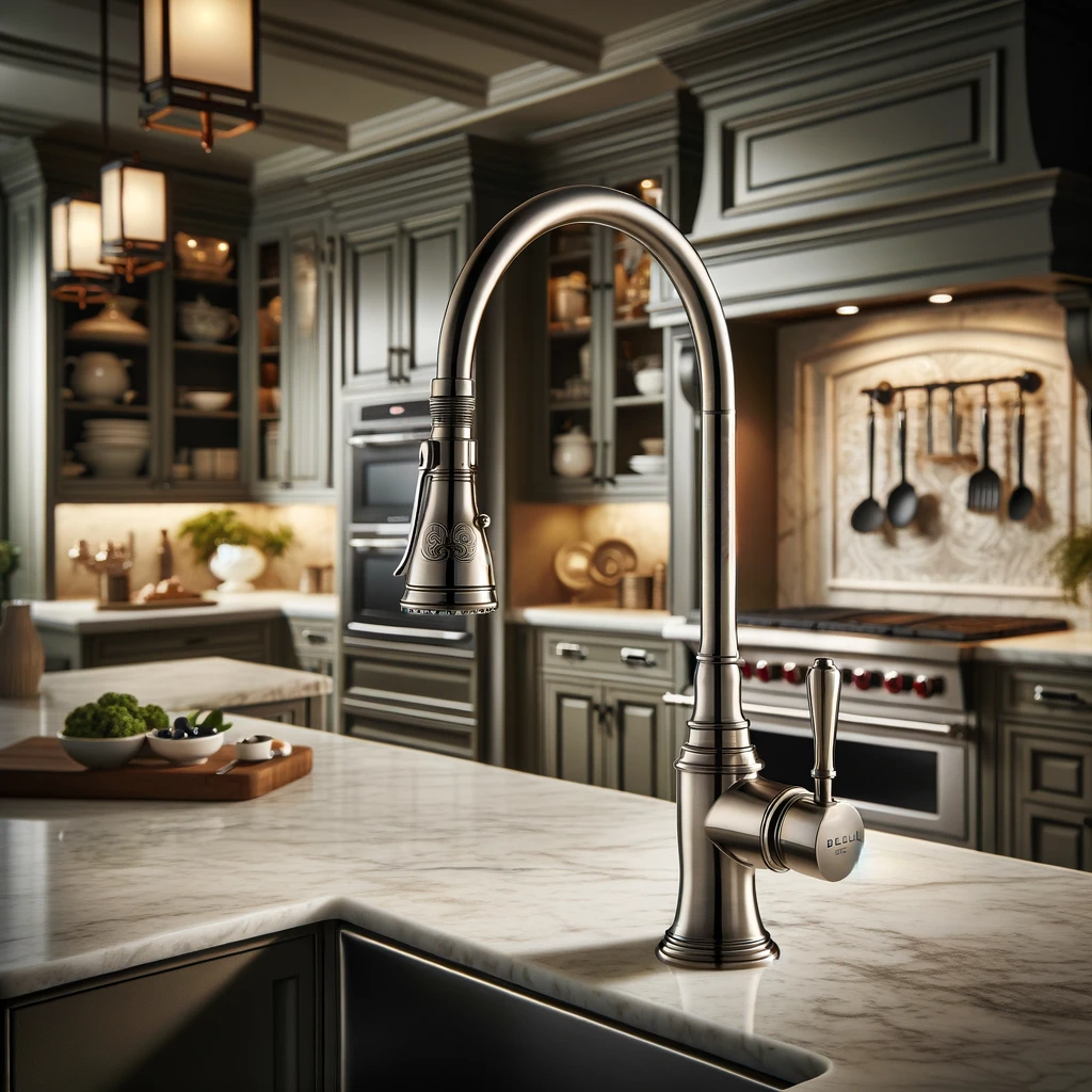 A stylish kitchen featuring the Delta Leland Single Handle Pull Down Kitchen Faucet. This faucet has a sophisticated design with a stainless steel fin