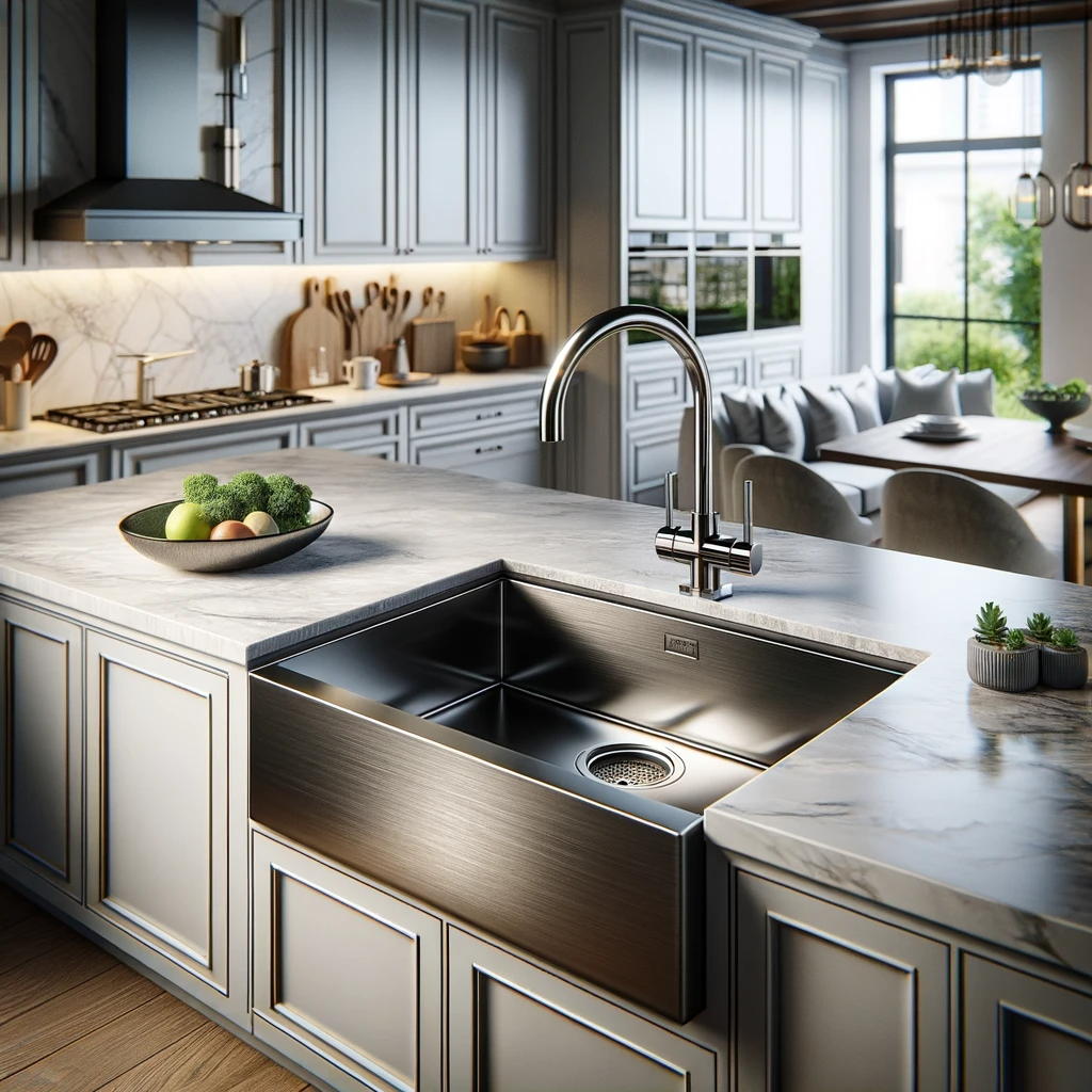 DALL·E 2023 12 11 16.58.46 A modern kitchen featuring a luxurious graphite nickel kitchen sink. The sink is sleek and rectangular with a reflective graphite nickel finish that