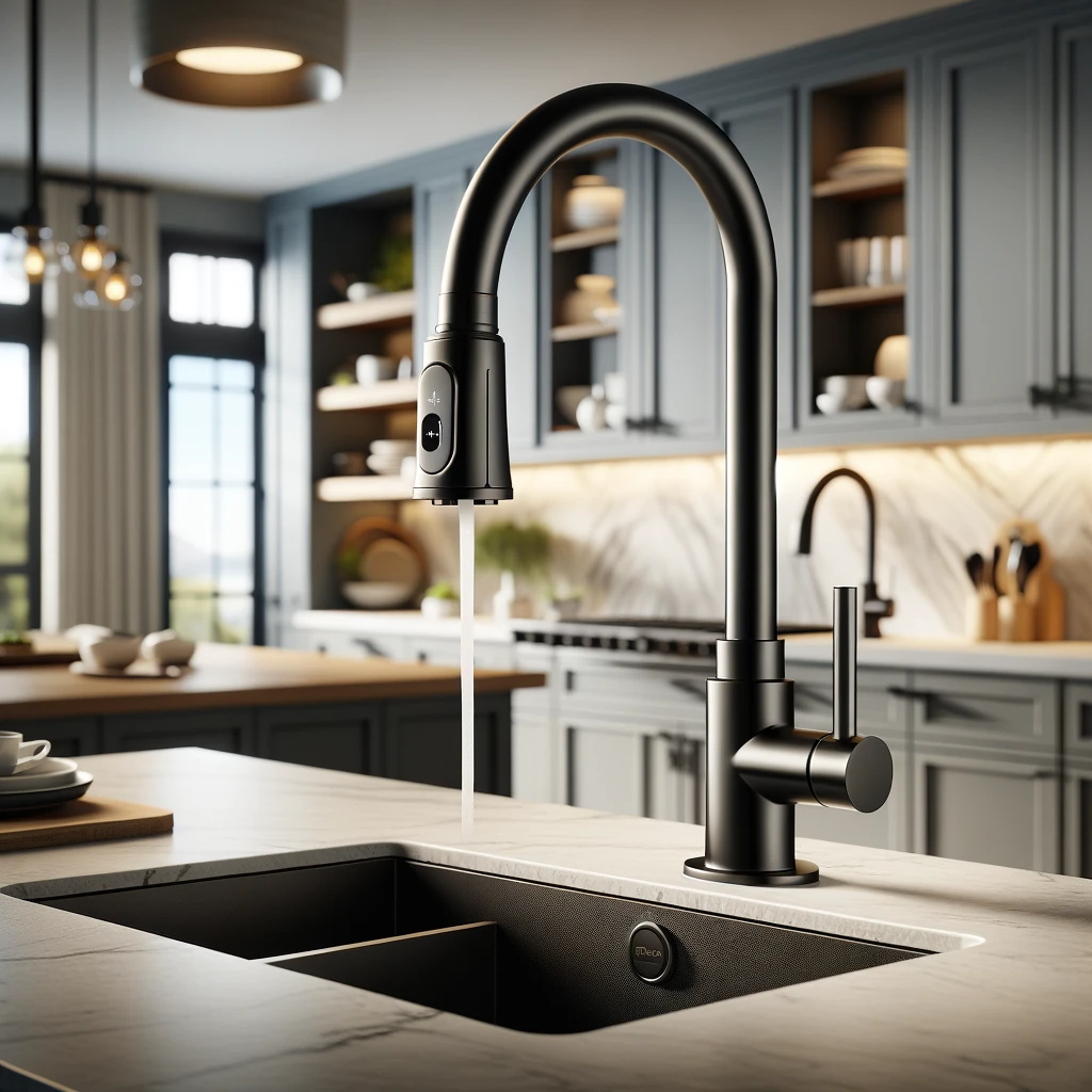DALL·E 2023 12 11 16.59.45 A modern kitchen showcasing the Moen 7594EWBL Arbor Kitchen Faucet. This faucet is sleek and elegant with a matte black finish that provides a contem