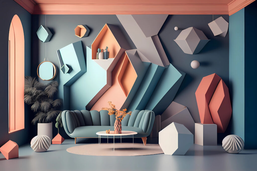 3d room interior design with geometric shapes