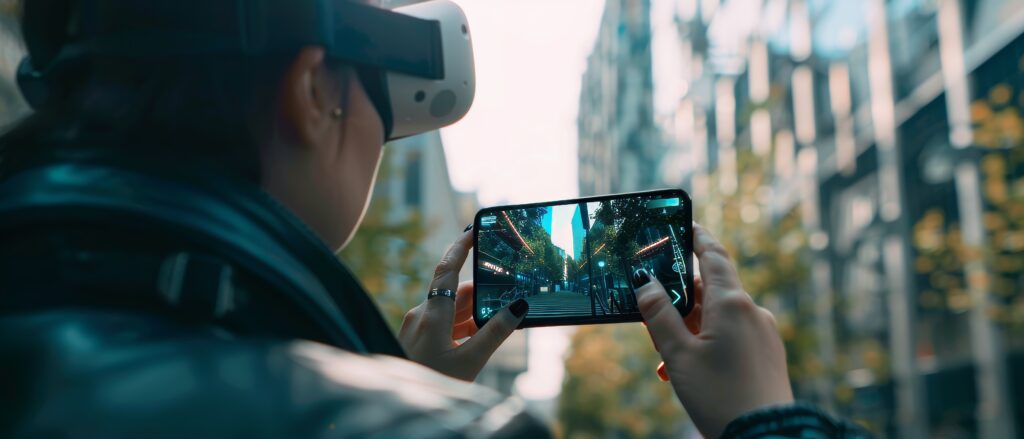 Person enjoying Metaverse Virtual World via Mobile Phone. Futuristic Tone. Conceptual Photo.