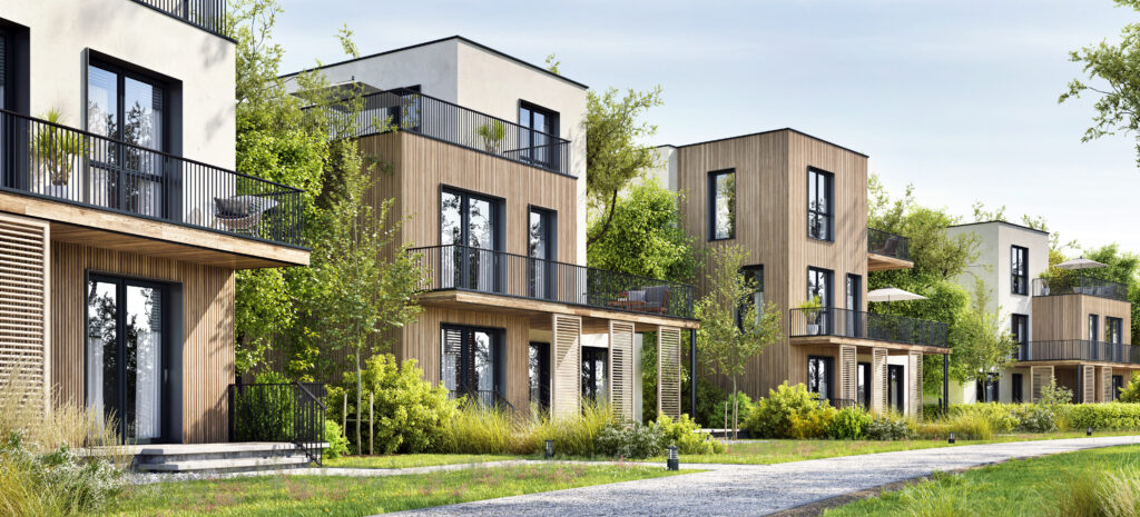 3D ARCHITECTURAL Rendering of Contemporary Villas on Tree-Lined Street Render