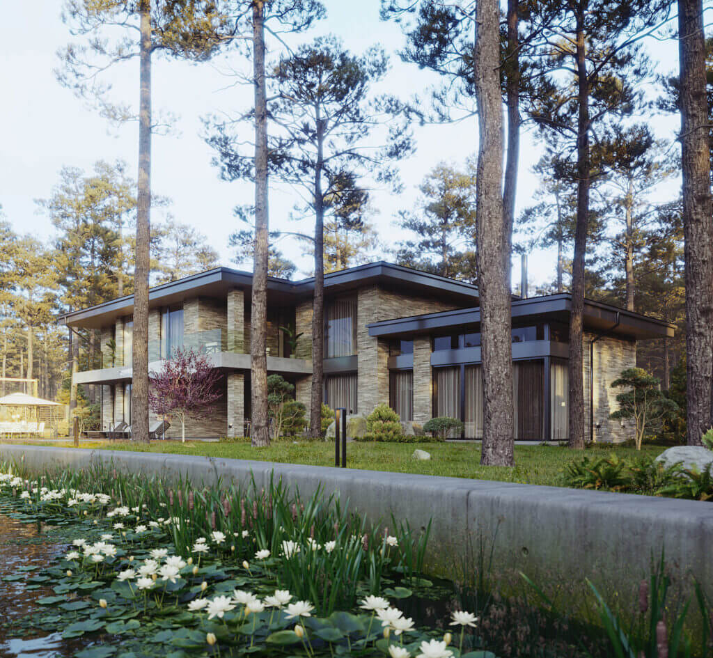 A 3D rendering of a modern two-story house nestled within a lush forest, featuring large glass windows, stone walls, and eco-friendly architecture. The setting includes tall pine trees and a serene pond with blooming water lilies, illustrating sustainable urban development harmonizing with nature.