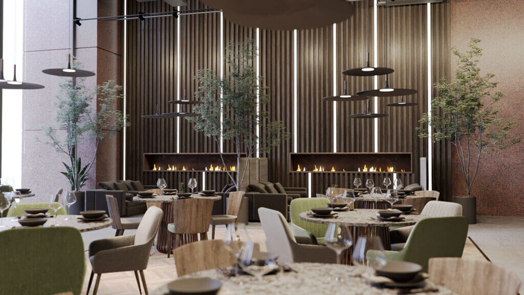 A modern restaurant interior designed with sustainability in mind, featuring neatly arranged tables and chairs with green and neutral upholstery. Lush indoor plants and trees enhance the natural ambiance, while a sleek, linear fireplace set into a wooden panel wall adds warmth. Contemporary light fixtures illuminate the space from above. This 3D rendering demonstrates the integration of natural and energy-efficient design.