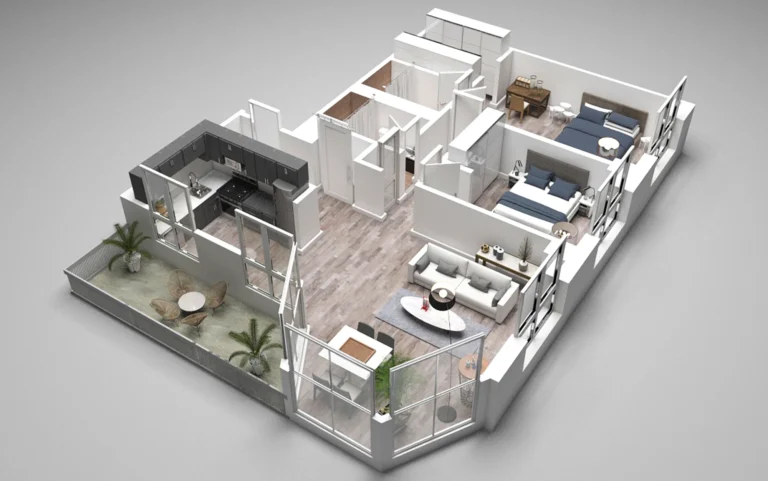 3D floor plan of a modern two-bedroom apartment featuring a living room, kitchen, bathroom, and a spacious balcony with outdoor seating—ideal for showcasing residential layout and real estate design.