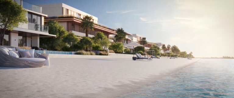 A 3d rendering of luxurious beachfront villas with modern architecture, surrounded by lush greenery and outdoor lounge areas overlooking calm ocean waters under a clear sky.